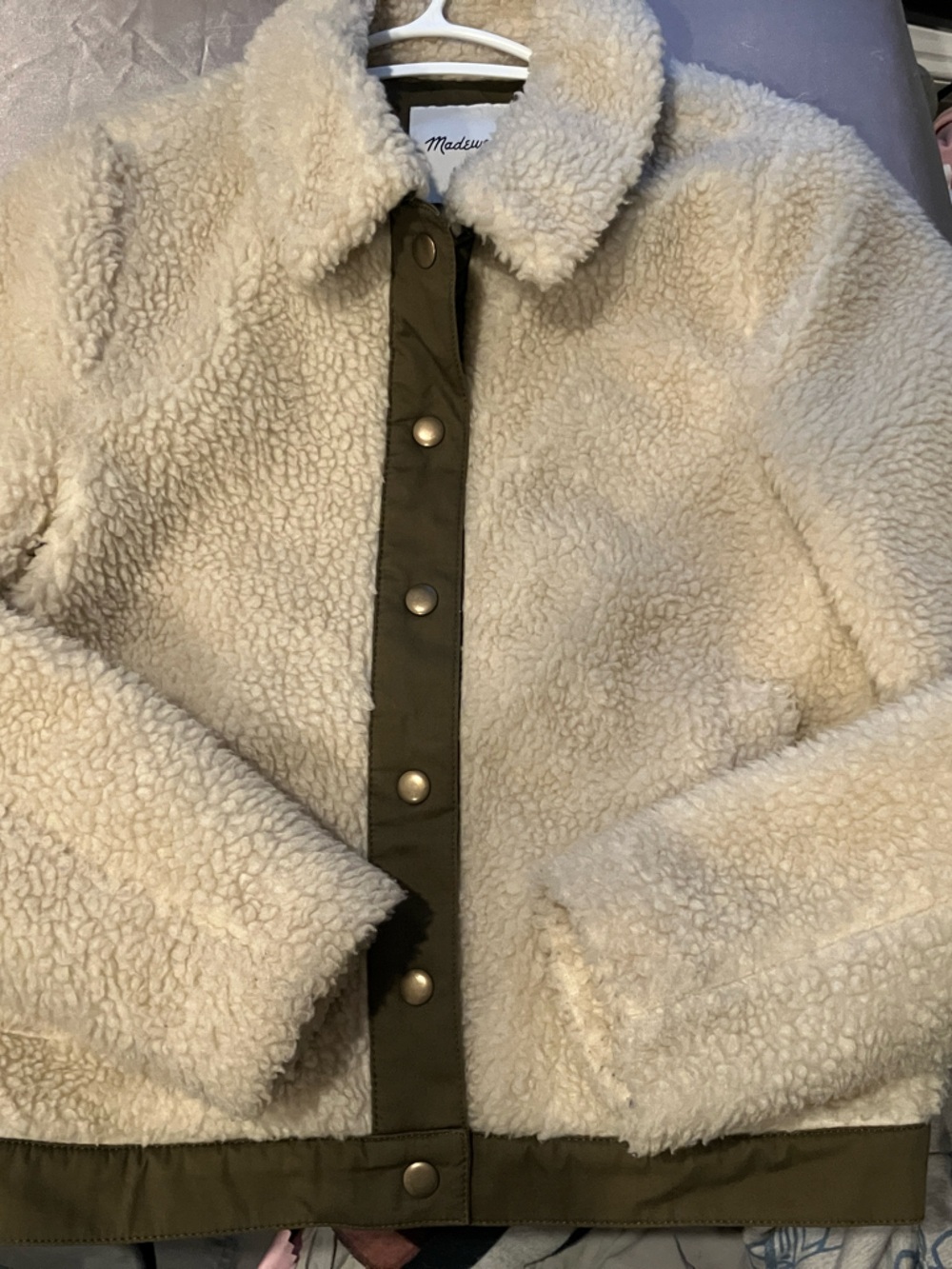 Madewell Cream Teddy Jacket with Olive Trim